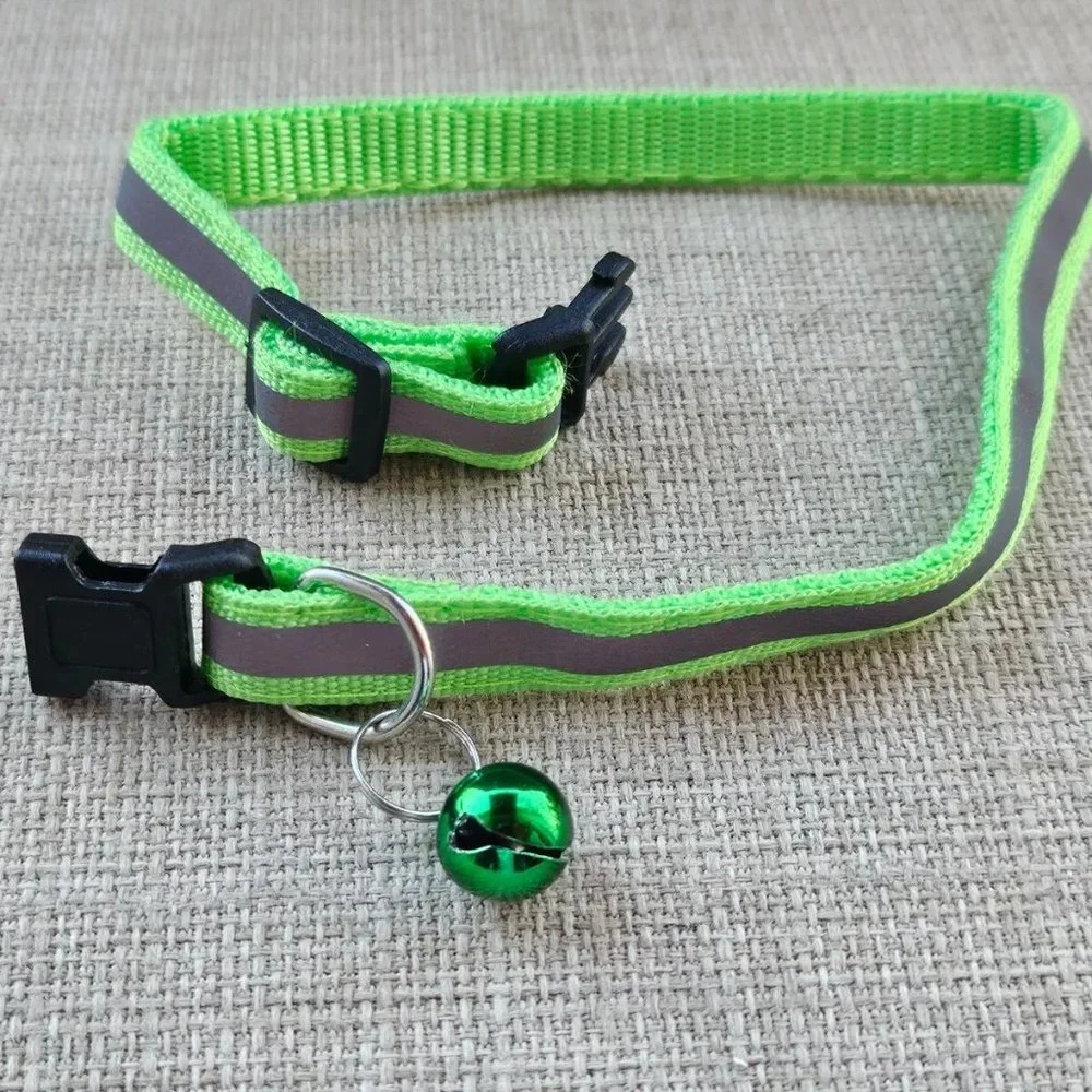 Cat Collar Reflective Light Green Color Cat Neck Collar W Bell Adjustable Small